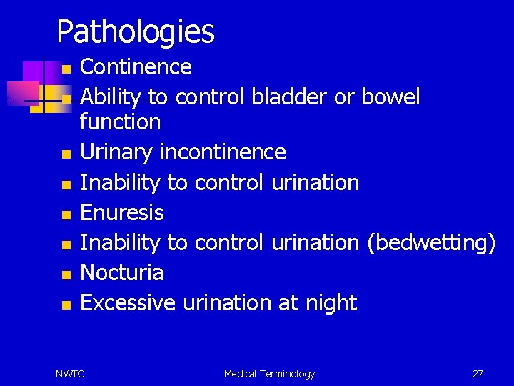 Pathologies n n n n Continence Ability to control bladder or bowel function Urinary