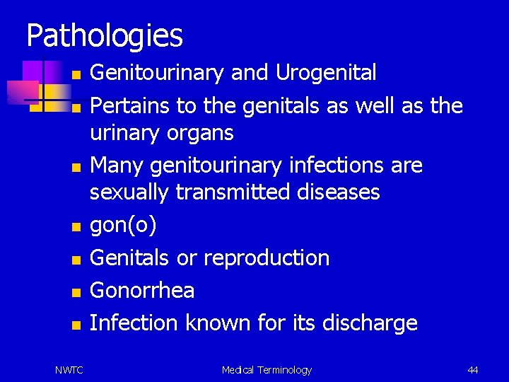 Pathologies n n n n NWTC Genitourinary and Urogenital Pertains to the genitals as