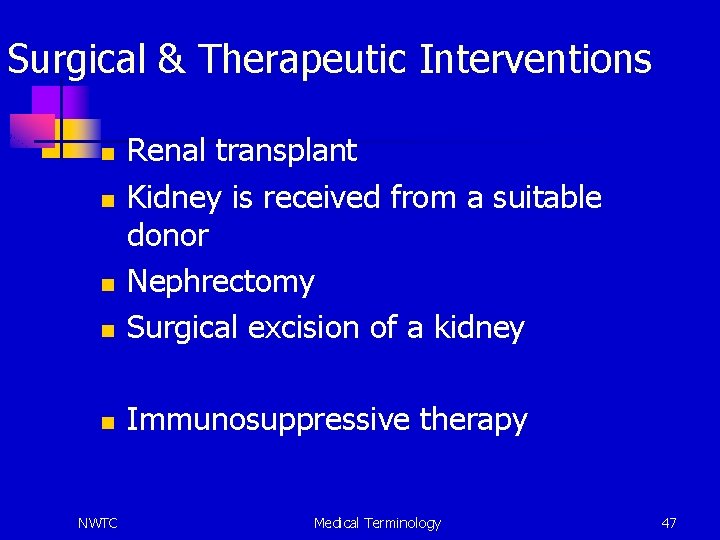 Surgical & Therapeutic Interventions n Renal transplant Kidney is received from a suitable donor