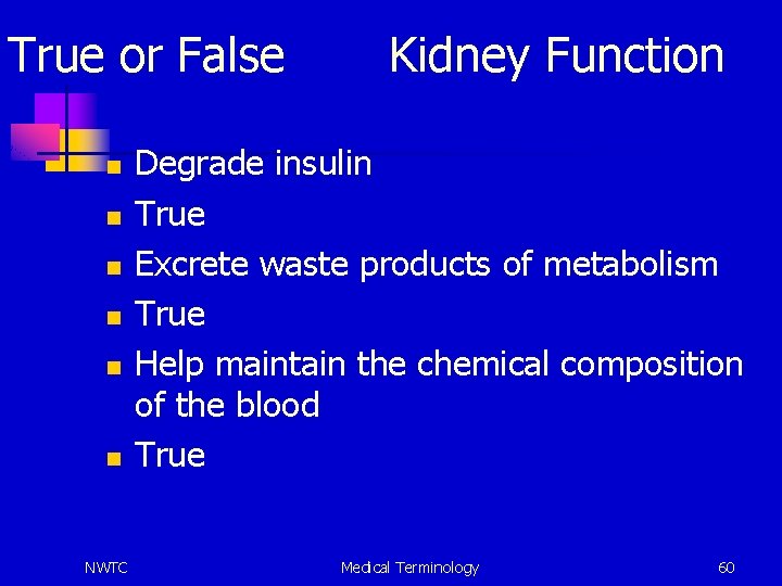 True or False n n n NWTC Kidney Function Degrade insulin True Excrete waste