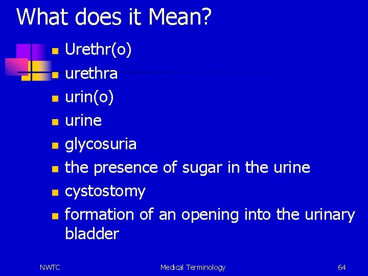 What does it Mean? n n n n NWTC Urethr(o) urethra urin(o) urine glycosuria