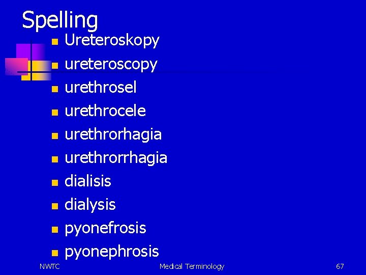 Spelling n n n n n NWTC Ureteroskopy ureteroscopy urethrosel urethrocele urethrorhagia urethrorrhagia dialisis