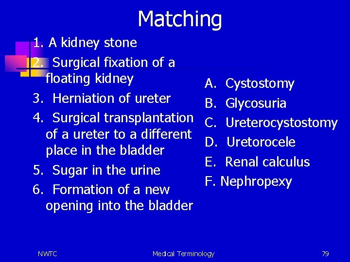 Matching 1. A kidney stone 2. Surgical fixation of a floating kidney 3. Herniation