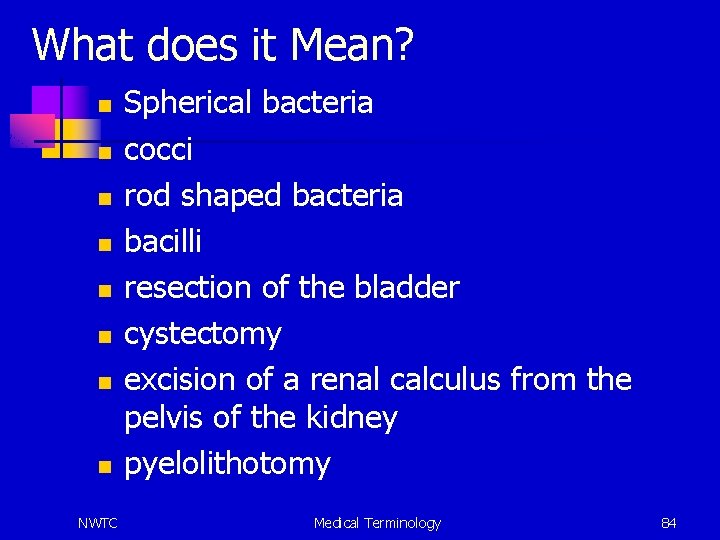 What does it Mean? n n n n NWTC Spherical bacteria cocci rod shaped