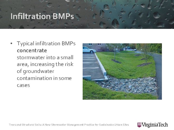 Infiltration BMPs • Typical infiltration BMPs concentrate stormwater into a small area, increasing the