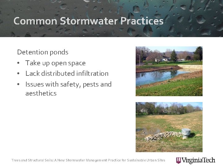 Common Stormwater Practices Detention ponds • Take up open space • Lack distributed infiltration