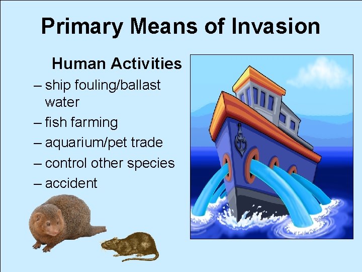 Primary Means of Invasion Human Activities – ship fouling/ballast water – fish farming –