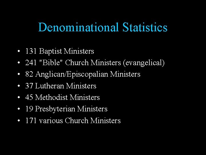 Denominational Statistics • • 131 Baptist Ministers 241 "Bible" Church Ministers (evangelical) 82 Anglican/Episcopalian