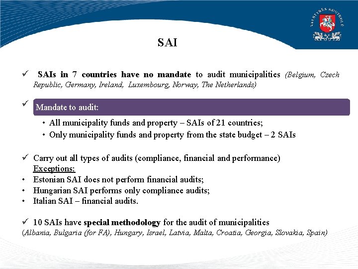 SAI ü SAIs in 7 countries have no mandate to audit municipalities (Belgium, Czech