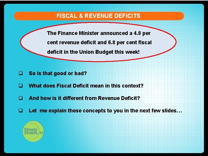 FISCAL & REVENUE DEFICITS The Finance Minister announced a 4. 8 per cent revenue