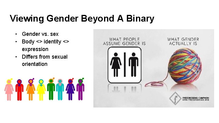 Viewing Gender Beyond A Binary • Gender vs. sex • Body <> identity <>