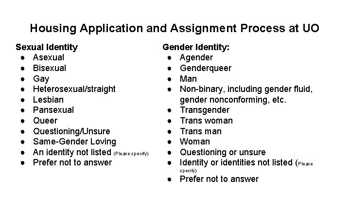 Housing Application and Assignment Process at UO Sexual Identity ● Asexual ● Bisexual ●