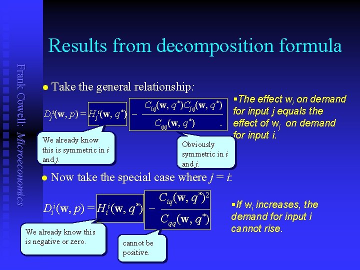 Results from decomposition formula Frank Cowell: Microeconomics n Take the general relationship: Ciq(w, q*)Cjq(w,