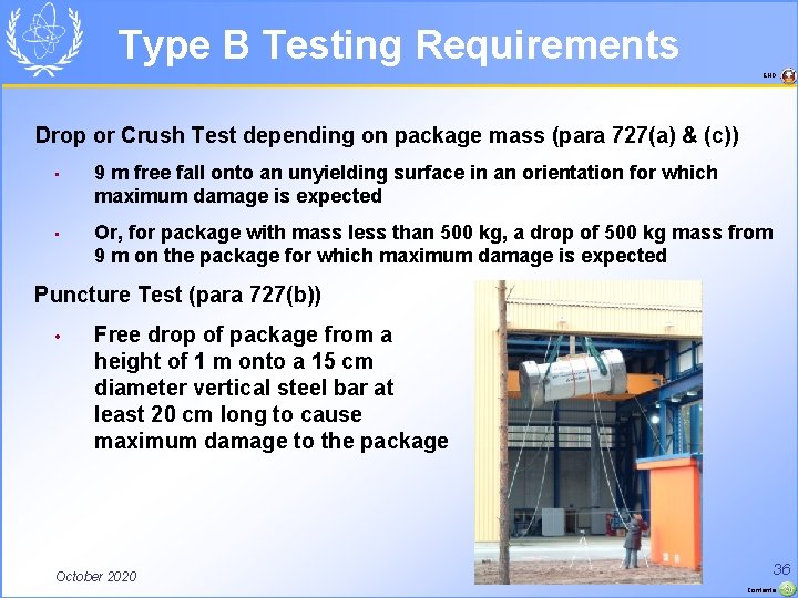 Type B Testing Requirements END Drop or Crush Test depending on package mass (para