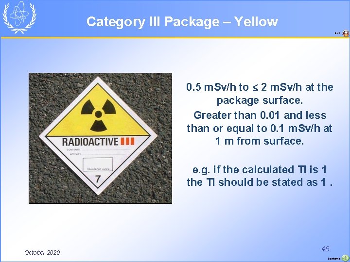 Category III Package – Yellow END 0. 5 m. Sv/h to 2 m. Sv/h