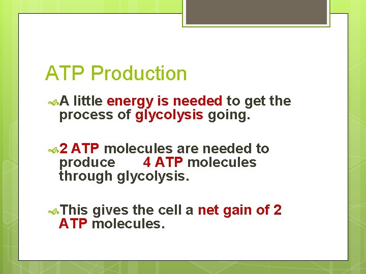 ATP Production A little energy is needed to get the process of glycolysis going.