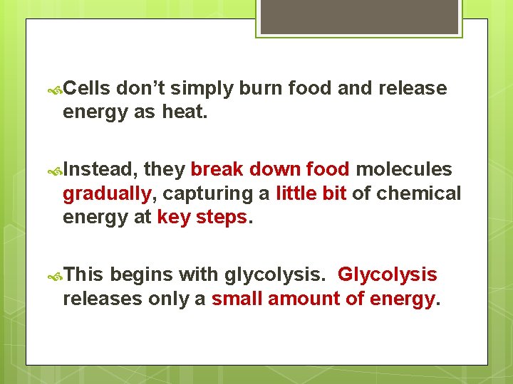 Cells don’t simply burn food and release energy as heat. Instead, they break Cells don’t simply burn food and release energy as heat. Instead, they break