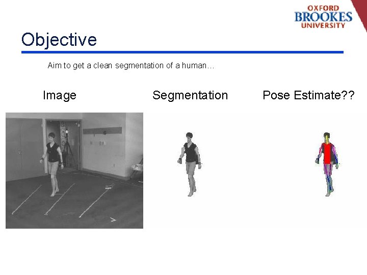 Objective Aim to get a clean segmentation of a human… Image Segmentation Pose Estimate?