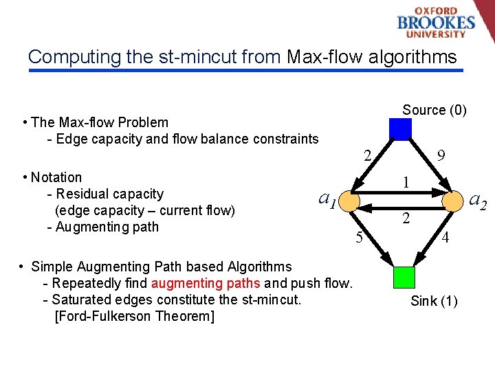 Computing the st-mincut from Max-flow algorithms • The Max-flow Problem - Edge capacity and