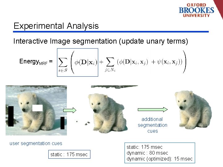 Experimental Analysis Interactive Image segmentation (update unary terms) Energy. MRF = additional segmentation cues