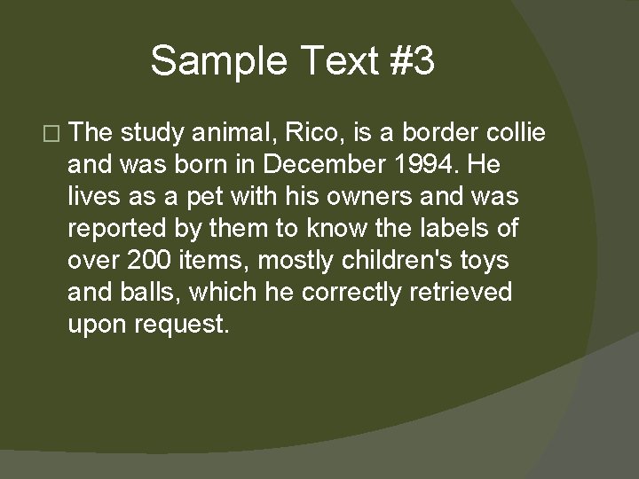 Sample Text #3 � The study animal, Rico, is a border collie and was