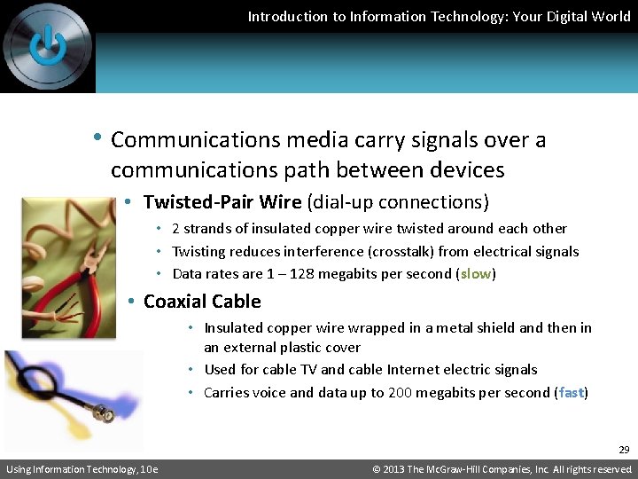 Introduction to Information Technology: Your Digital World • Communications media carry signals over a