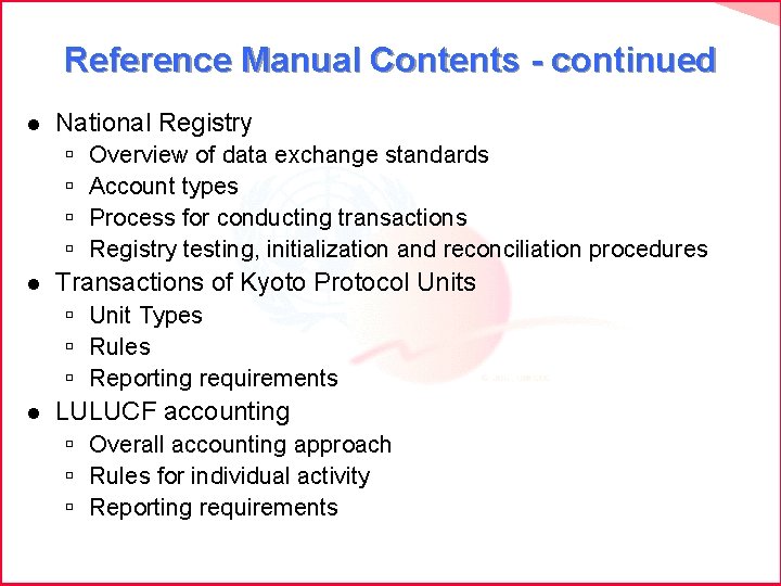 Reference Manual Contents - continued l National Registry ú ú l Overview of data