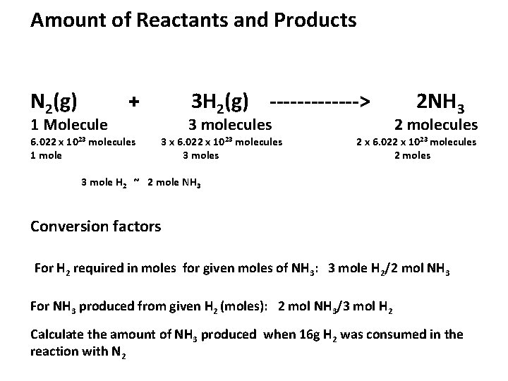 Amount of Reactants and Products N 2(g) 1 Molecule + 6. 022 x 1023