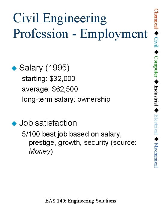  Salary (1995) starting: $32, 000 average: $62, 500 long-term salary: ownership Job satisfaction
