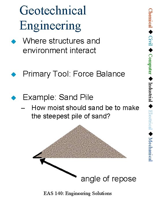  Where structures and environment interact Primary Tool: Force Balance Example: Sand Pile –