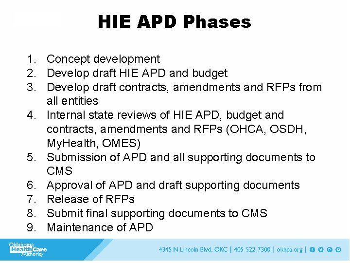 ACRONYM HIE APD Phases 1. Concept development 2. Develop draft HIE APD and budget