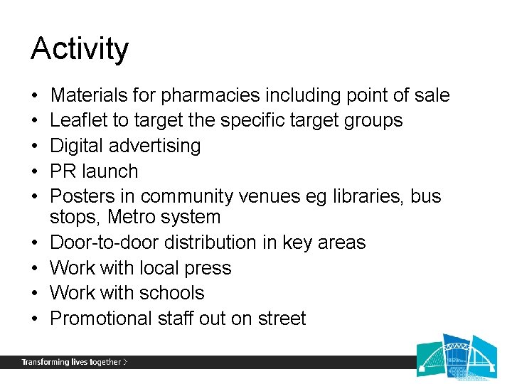 Activity • • • Materials for pharmacies including point of sale Leaflet to target