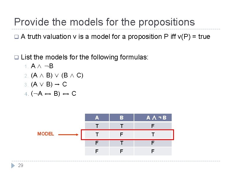 Provide the models for the propositions q A truth valuation ν is a model