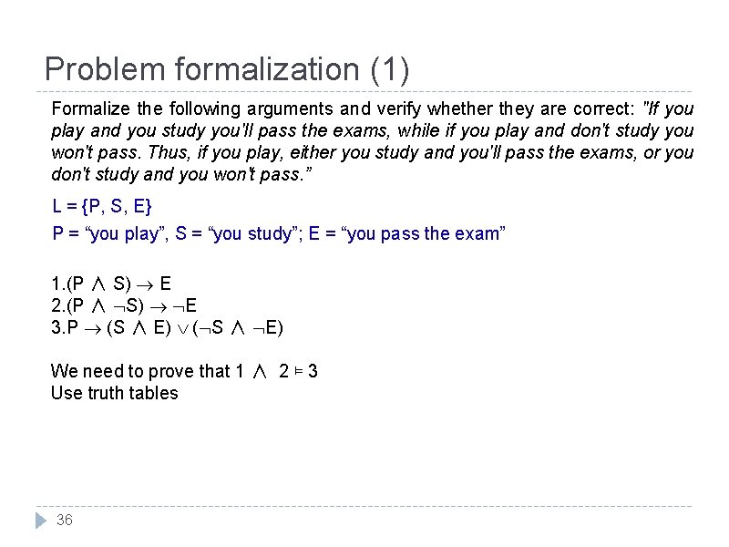 Problem formalization (1) Formalize the following arguments and verify whether they are correct: "If