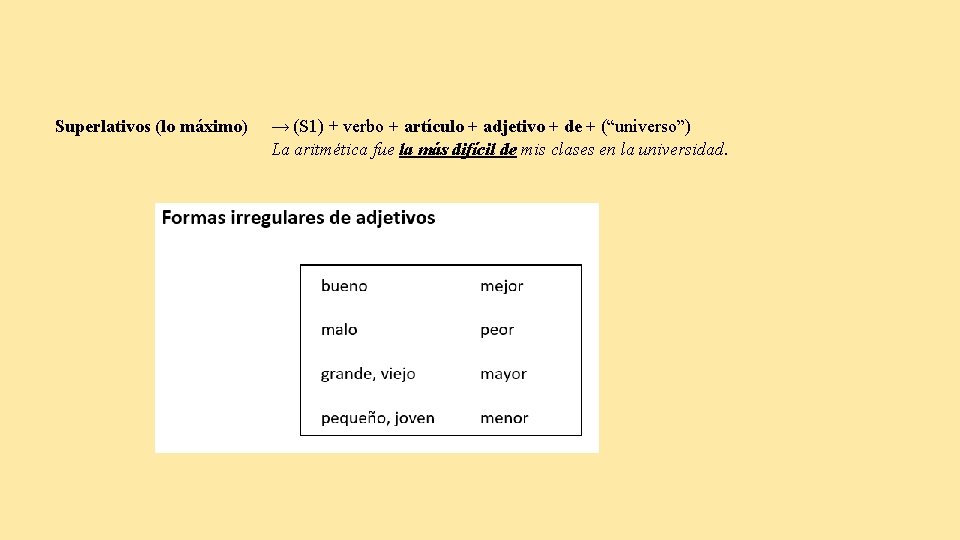  Superlativos (lo máximo) → (S 1) + verbo + artículo + adjetivo +