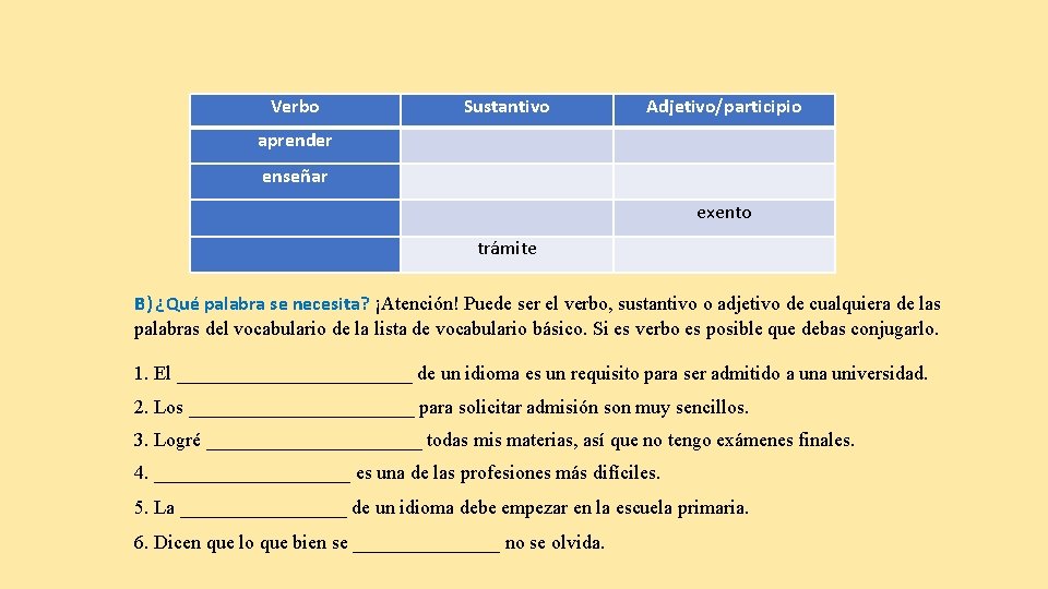Verbo Sustantivo Adjetivo/participio aprender enseñar exento trámite B) ¿Qué palabra se necesita? ¡Atención! Puede