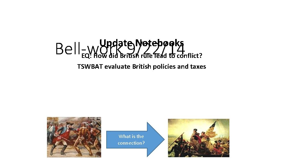 Update Notebooks Bell-work 9/22/14 EQ: How did British rule lead to conflict? TSWBAT evaluate