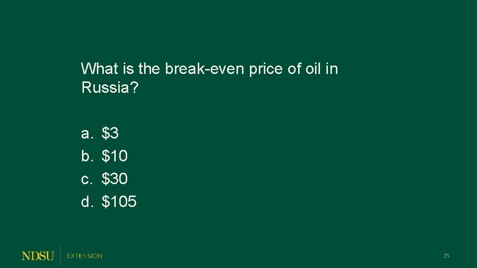 What is the break-even price of oil in Russia? a. b. c. d. $3