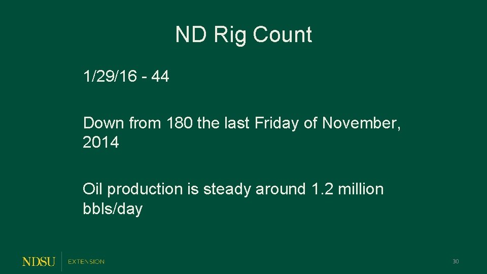 ND Rig Count 1/29/16 - 44 Down from 180 the last Friday of November,