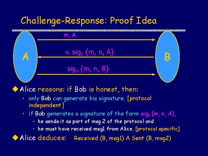 Challenge-Response: Proof Idea m, A A n, sig. B {m, n, A} B sig.