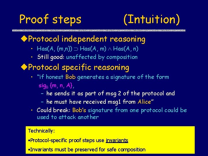 Proof steps (Intuition) Protocol independent reasoning • Has(A, {m, n}) Has(A, m) Has(A, n)