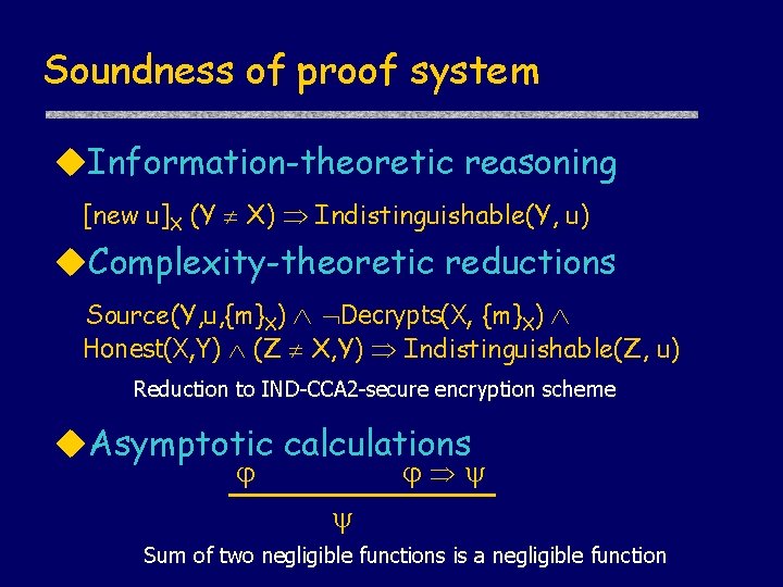 Soundness of proof system Information-theoretic reasoning [new u]X (Y X) Indistinguishable(Y, u) Complexity-theoretic reductions