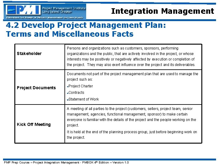 Integration Management 4. 2 Develop Project Management Plan: Terms and Miscellaneous Facts Stakeholder Persons