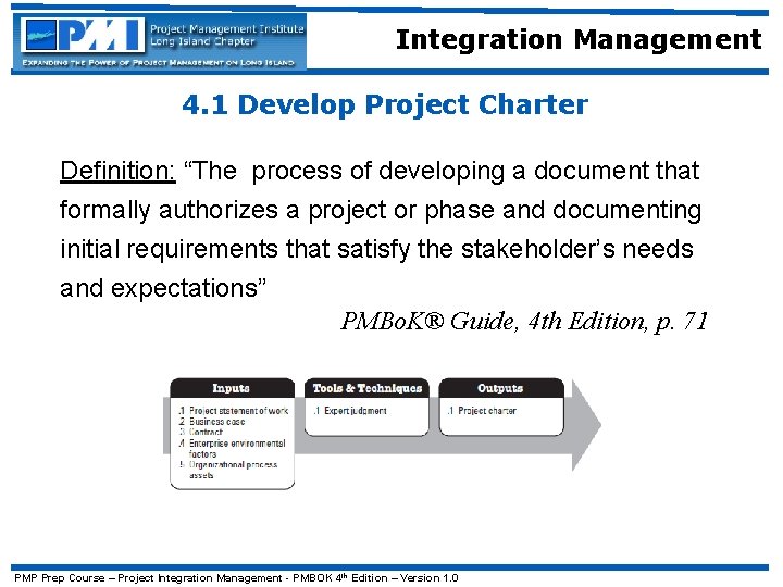 Integration Management 4. 1 Develop Project Charter Definition: “The process of developing a document