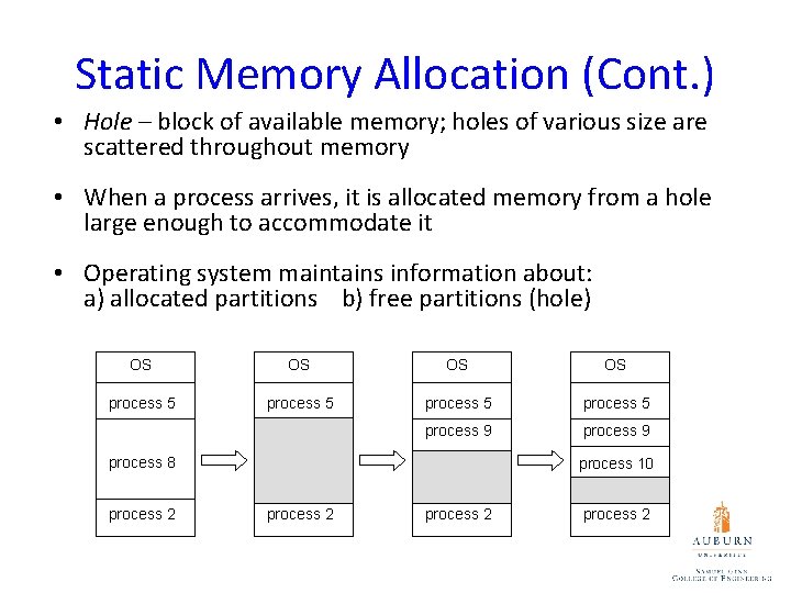 Static Memory Allocation (Cont. ) • Hole – block of available memory; holes of