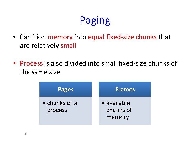 Paging • Partition memory into equal fixed-size chunks that are relatively small • Process