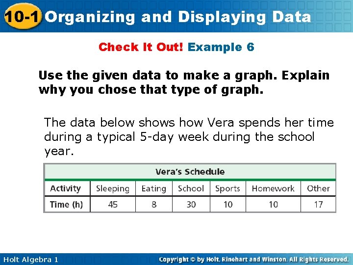 10 -1 Organizing and Displaying Data Check It Out! Example 6 Use the given