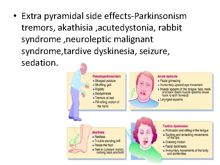  • Extra pyramidal side effects-Parkinsonism tremors, akathisia , acutedystonia, rabbit syndrome , neuroleptic