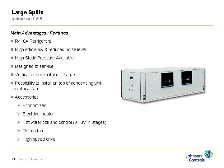 Large Splits Indoor unit VIR Main Advantages / Features n R 410 A Refrigerant