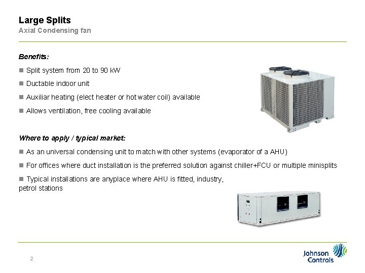 Large Splits Axial Condensing fan Benefits: n Split system from 20 to 90 k.